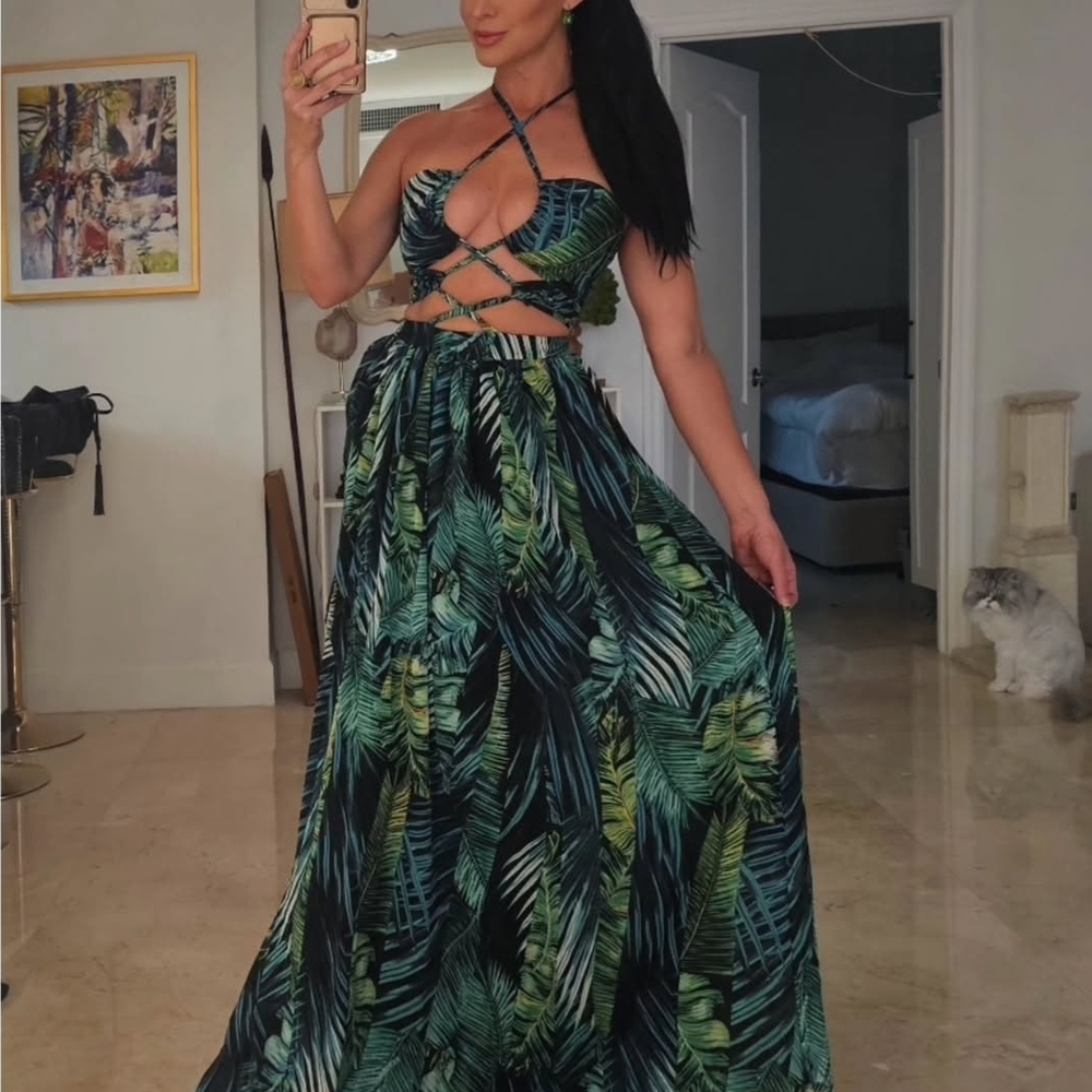 Leaf Print Halter Maxi Dress